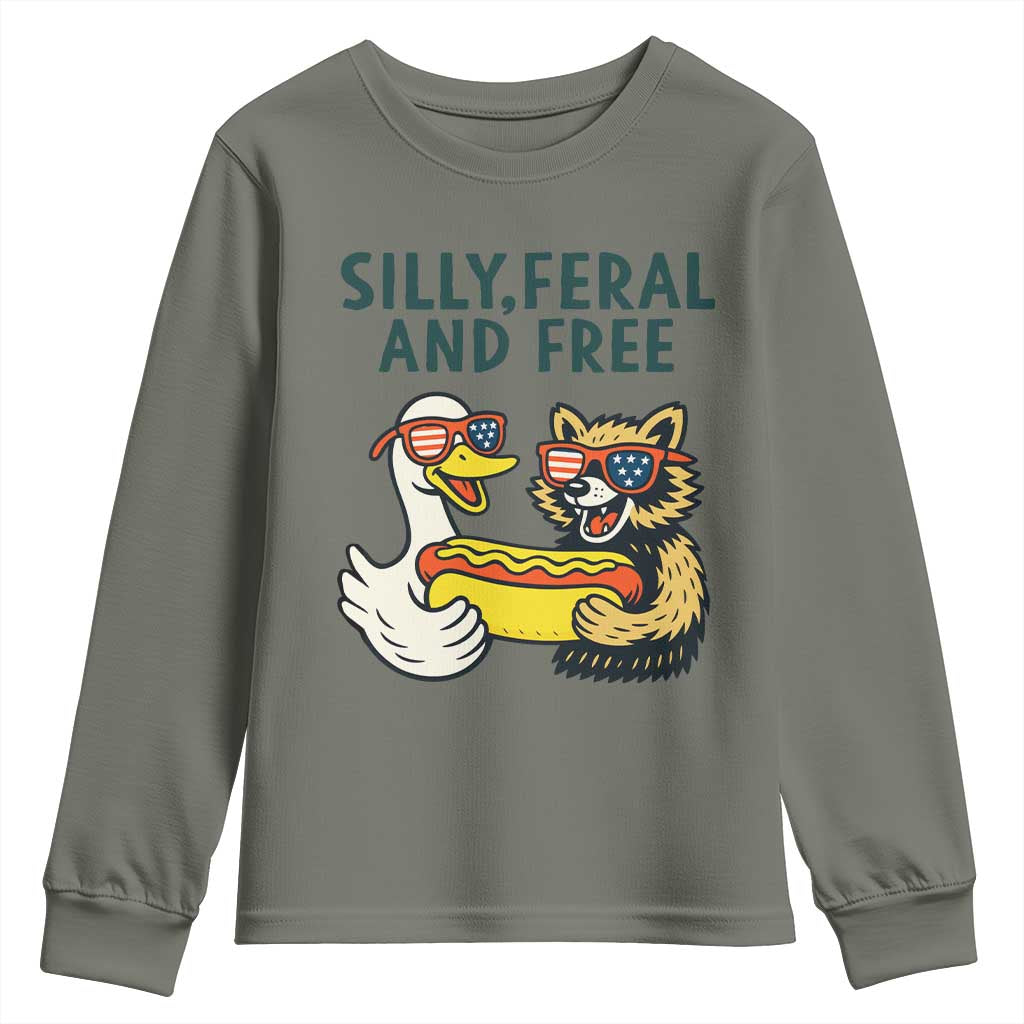 Silly Feral and Free Youth Sweatshirt Funny Goose and Raccoon 4th of July Patriotic - Wonder Print Shop