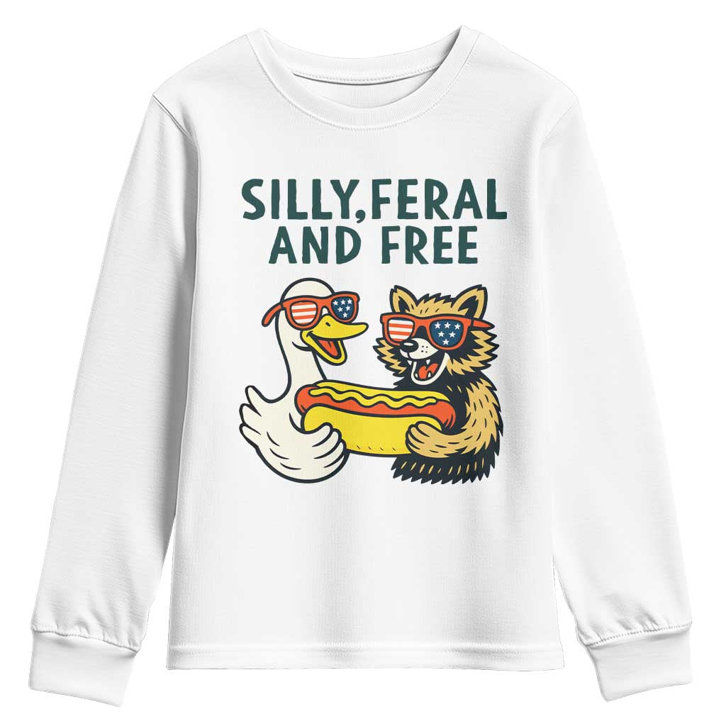 Silly Feral and Free Youth Sweatshirt Funny Goose and Raccoon 4th of July Patriotic - Wonder Print Shop