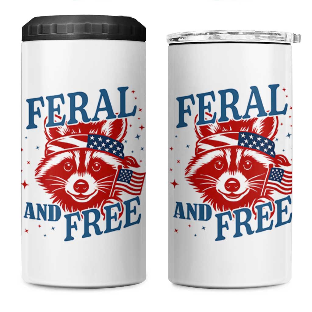 Funny Feral and Free Raccoon 4 in 1 Can Cooler Tumbler Patriotic Bandana Animal 4th of July US Flag - Wonder Print Shop