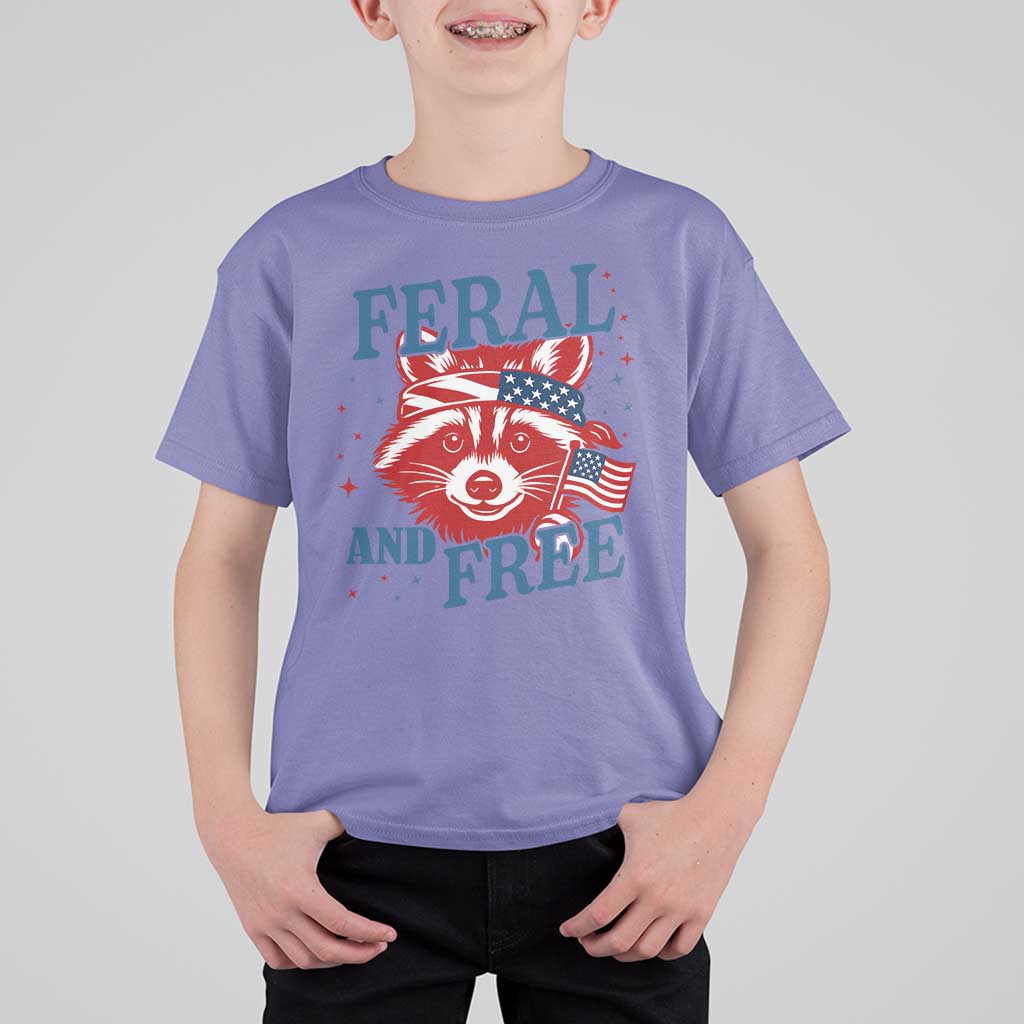 Funny Feral and Free Raccoon T Shirt For Kid Patriotic Bandana Animal 4th of July US Flag - Wonder Print Shop