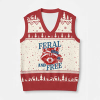 Funny Feral and Free Raccoon V-Neck Knit Sweater Vest Patriotic Bandana Animal 4th of July US Flag - Wonder Print Shop