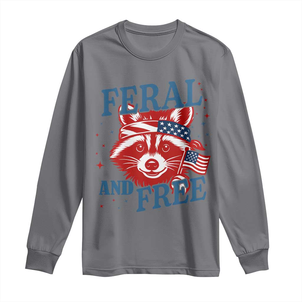 Funny Feral and Free Raccoon Long Sleeve Shirt Patriotic Bandana Animal 4th of July US Flag - Wonder Print Shop