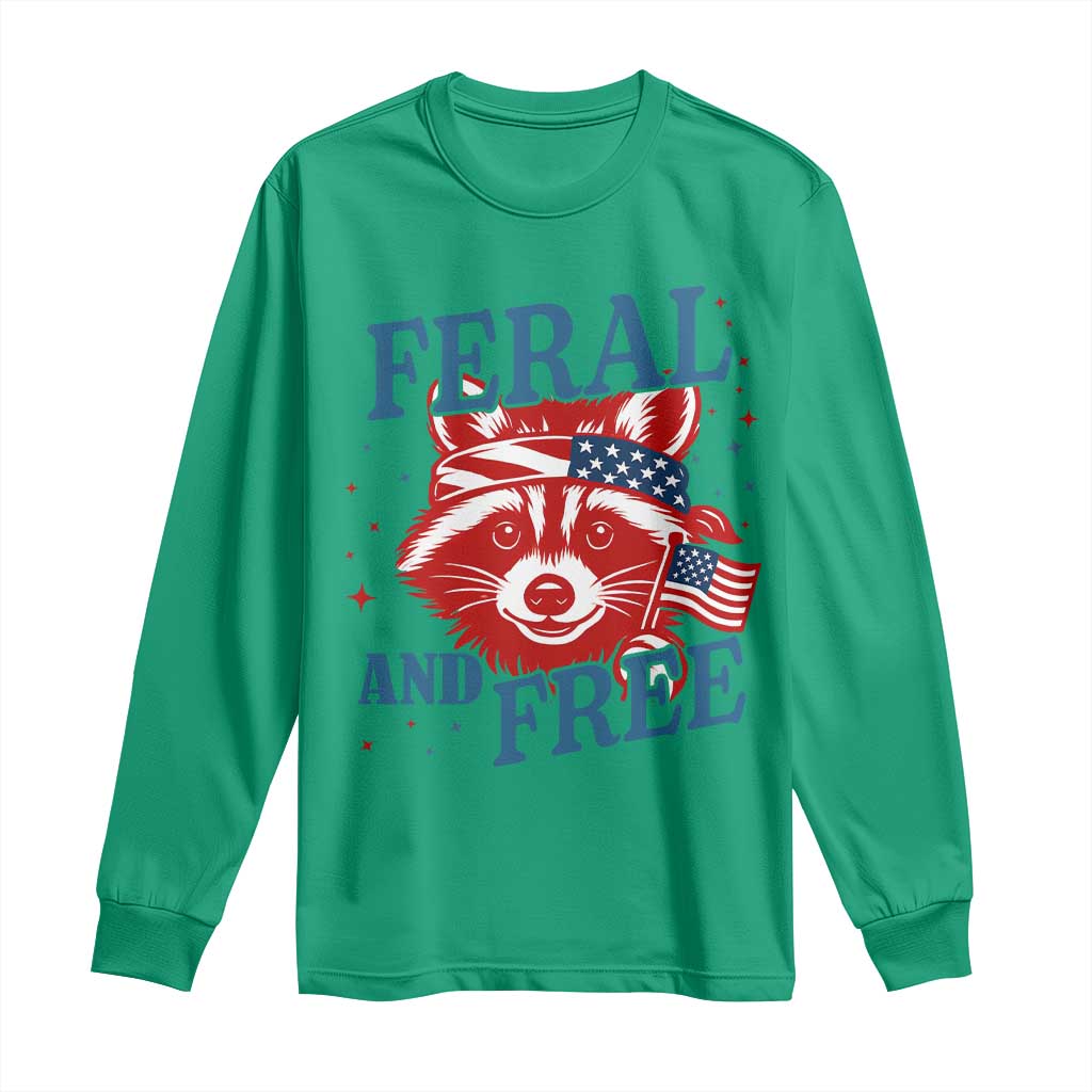 Funny Feral and Free Raccoon Long Sleeve Shirt Patriotic Bandana Animal 4th of July US Flag - Wonder Print Shop