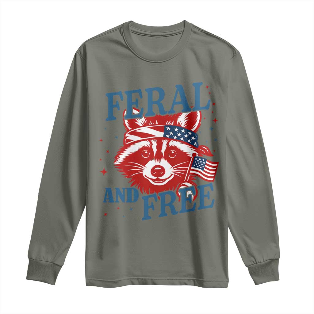Funny Feral and Free Raccoon Long Sleeve Shirt Patriotic Bandana Animal 4th of July US Flag - Wonder Print Shop