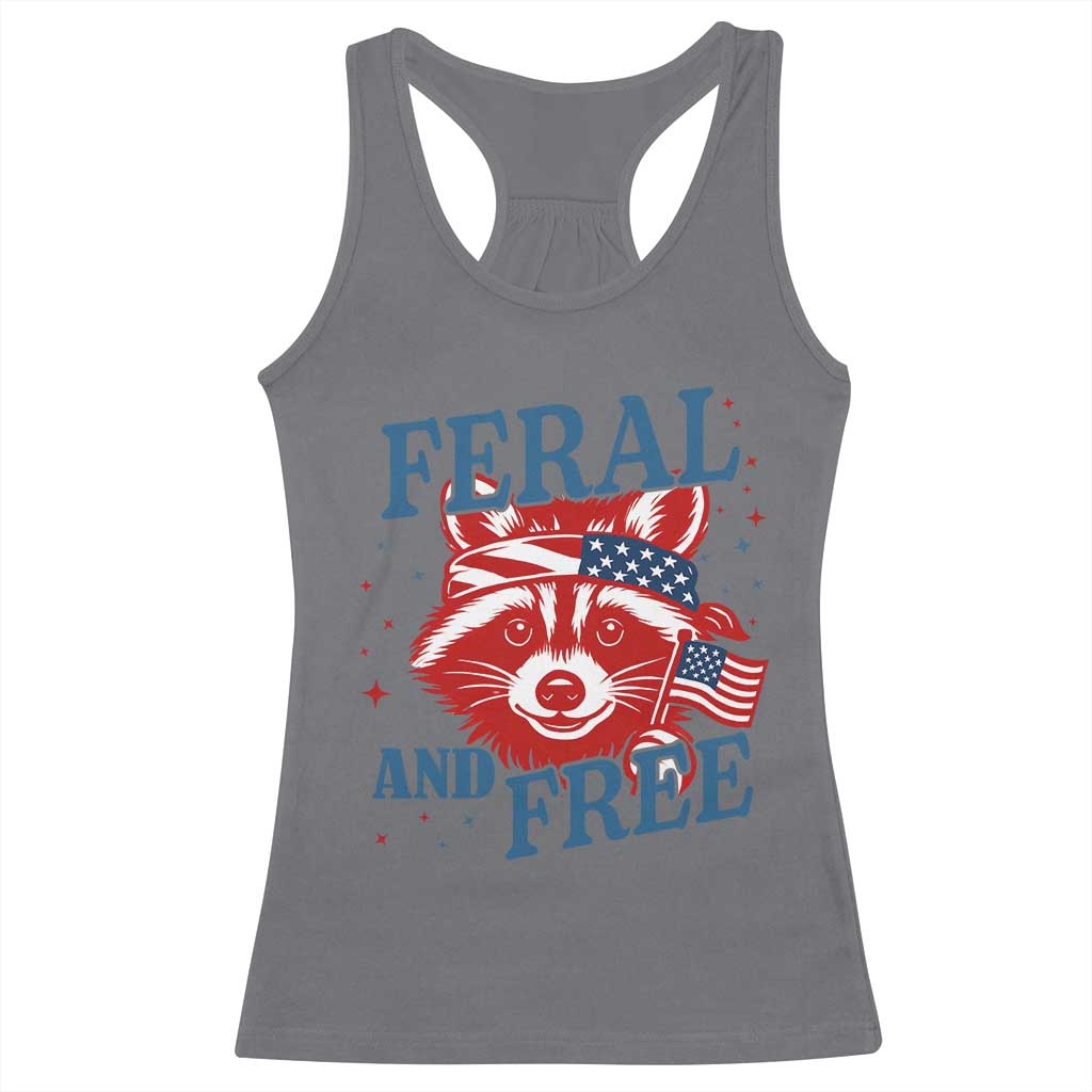 Funny Feral and Free Raccoon Racerback Tank Top Patriotic Bandana Animal 4th of July US Flag - Wonder Print Shop