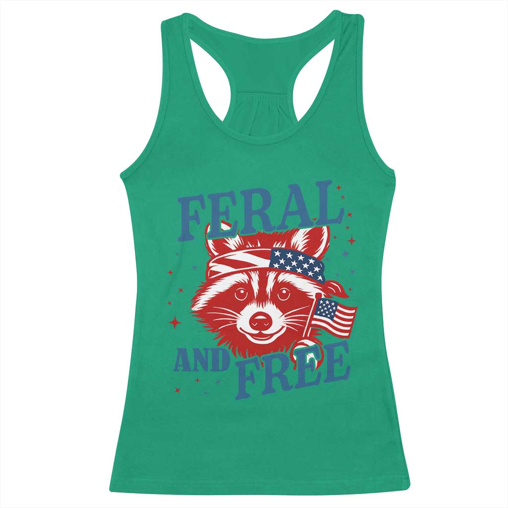 Funny Feral and Free Raccoon Racerback Tank Top Patriotic Bandana Animal 4th of July US Flag - Wonder Print Shop