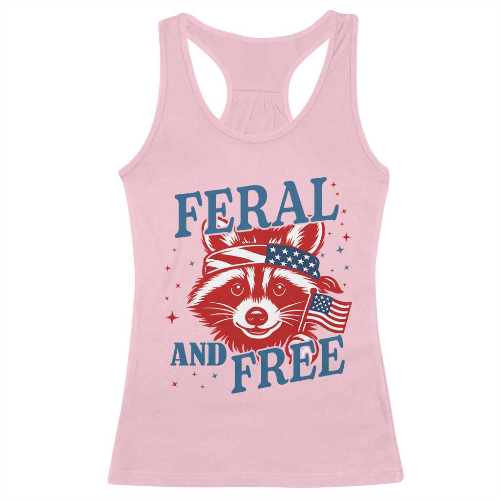 Funny Feral and Free Raccoon Racerback Tank Top Patriotic Bandana Animal 4th of July US Flag - Wonder Print Shop