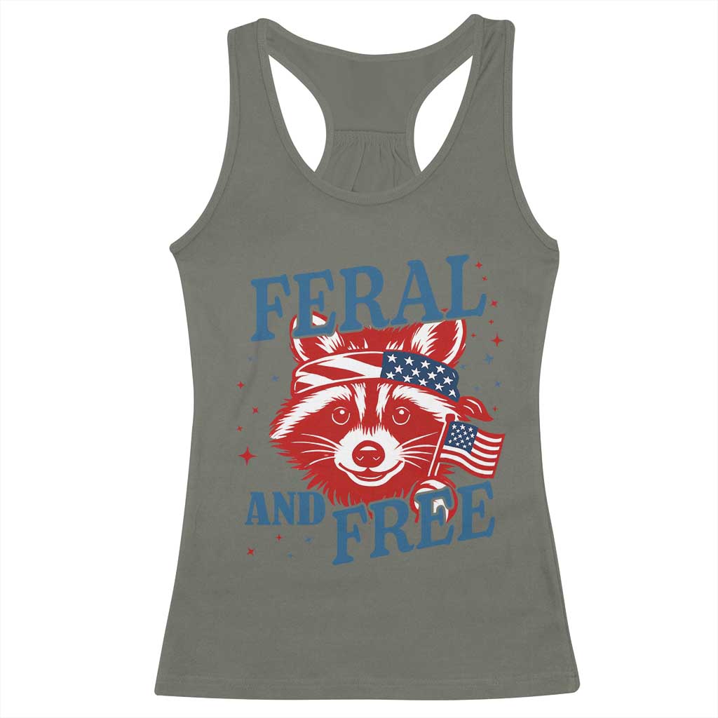 Funny Feral and Free Raccoon Racerback Tank Top Patriotic Bandana Animal 4th of July US Flag - Wonder Print Shop
