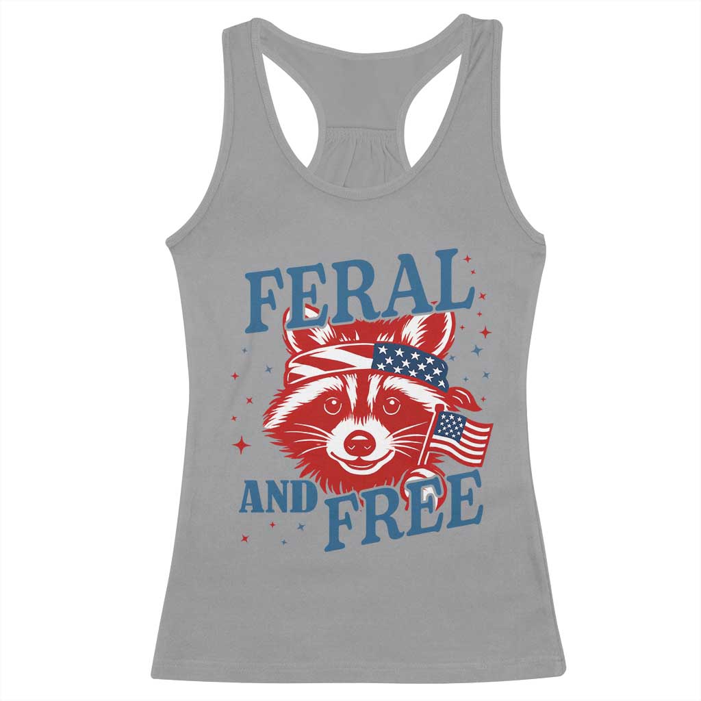 Funny Feral and Free Raccoon Racerback Tank Top Patriotic Bandana Animal 4th of July US Flag - Wonder Print Shop