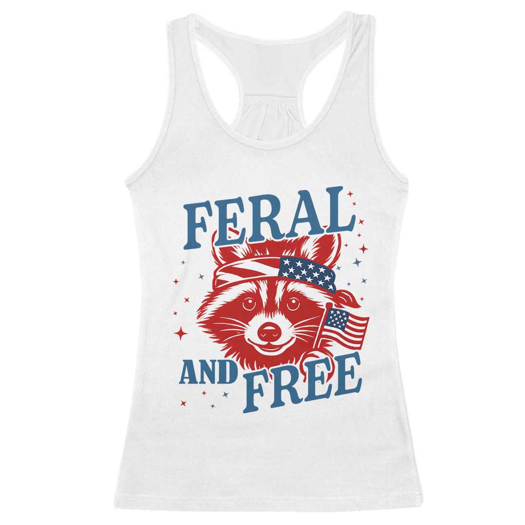 Funny Feral and Free Raccoon Racerback Tank Top Patriotic Bandana Animal 4th of July US Flag - Wonder Print Shop