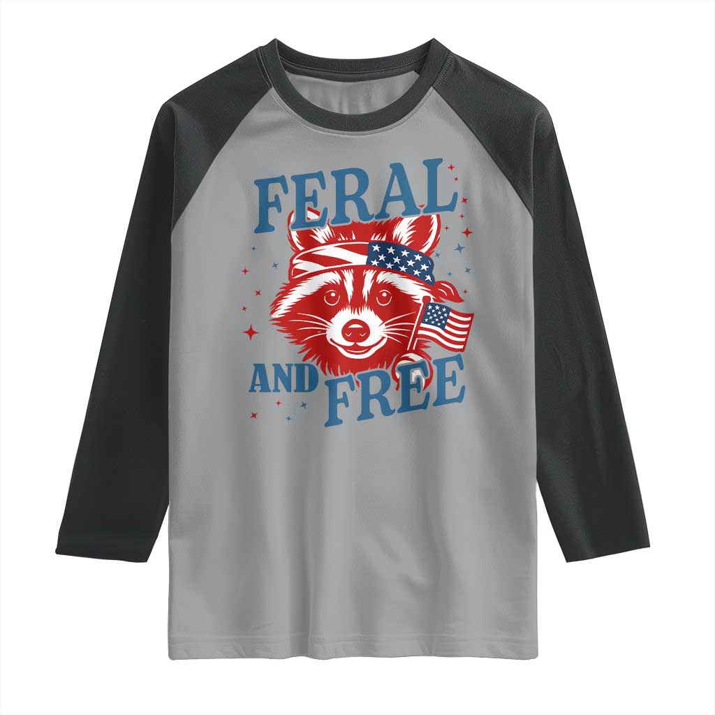 Funny Feral and Free Raccoon Raglan Shirt Patriotic Bandana Animal 4th of July US Flag - Wonder Print Shop