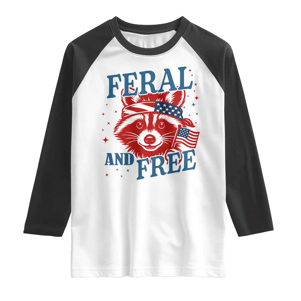 Funny Feral and Free Raccoon Raglan Shirt Patriotic Bandana Animal 4th of July US Flag - Wonder Print Shop
