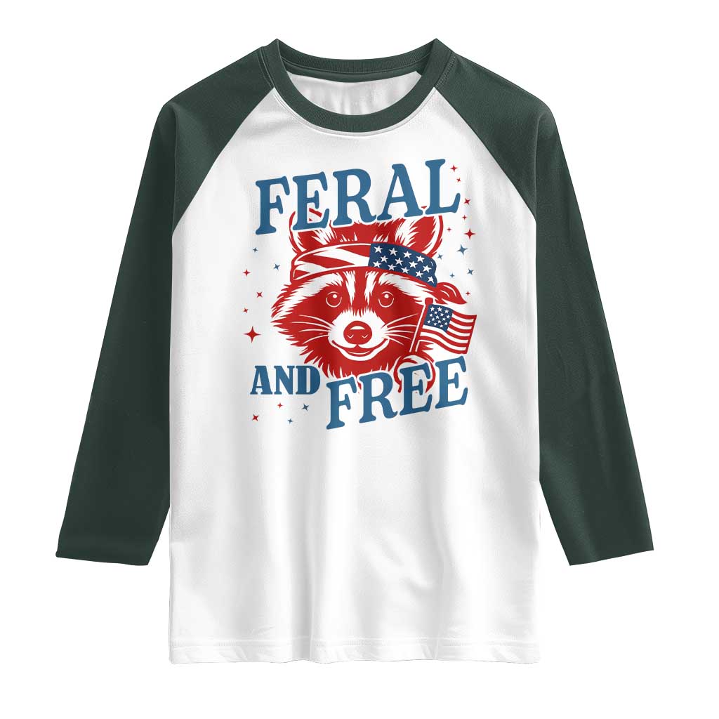 Funny Feral and Free Raccoon Raglan Shirt Patriotic Bandana Animal 4th of July US Flag - Wonder Print Shop