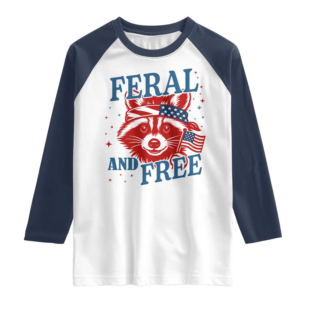 Funny Feral and Free Raccoon Raglan Shirt Patriotic Bandana Animal 4th of July US Flag - Wonder Print Shop