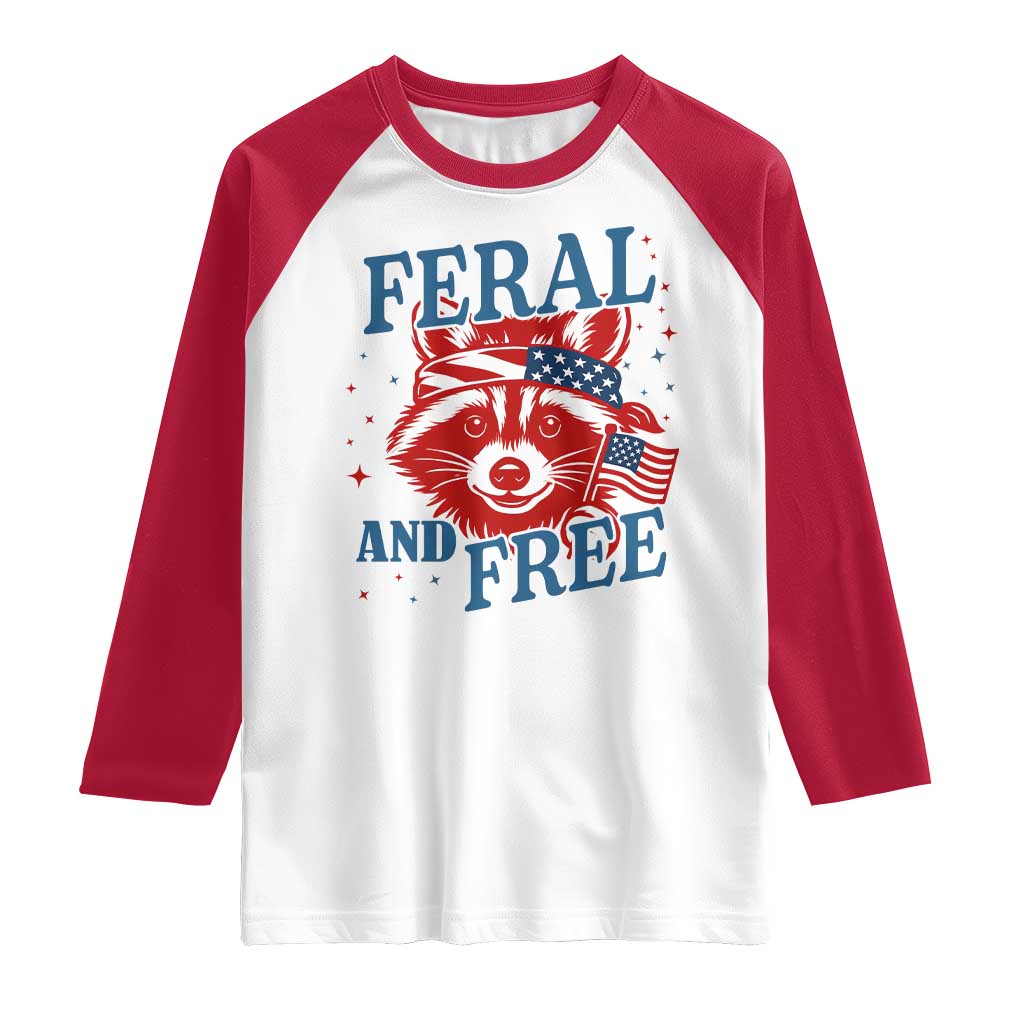 Funny Feral and Free Raccoon Raglan Shirt Patriotic Bandana Animal 4th of July US Flag - Wonder Print Shop