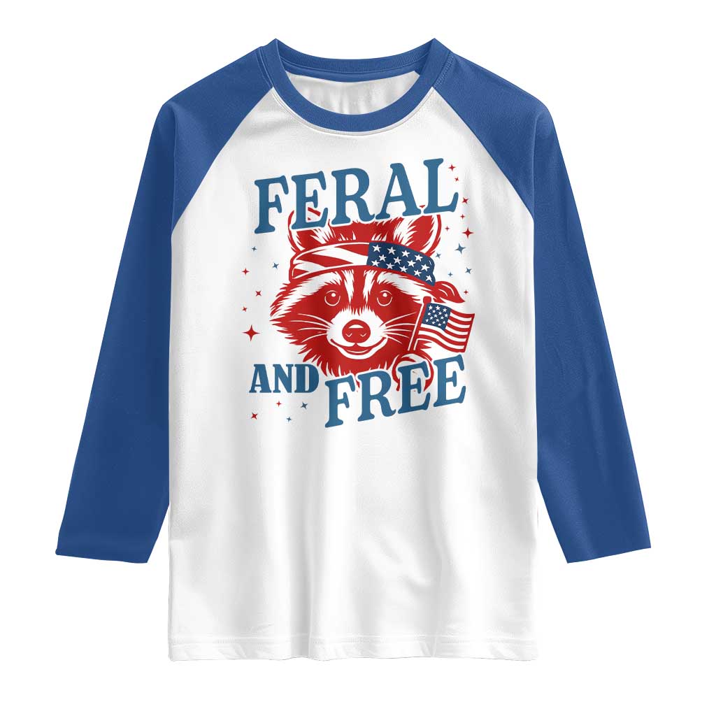 Funny Feral and Free Raccoon Raglan Shirt Patriotic Bandana Animal 4th of July US Flag - Wonder Print Shop