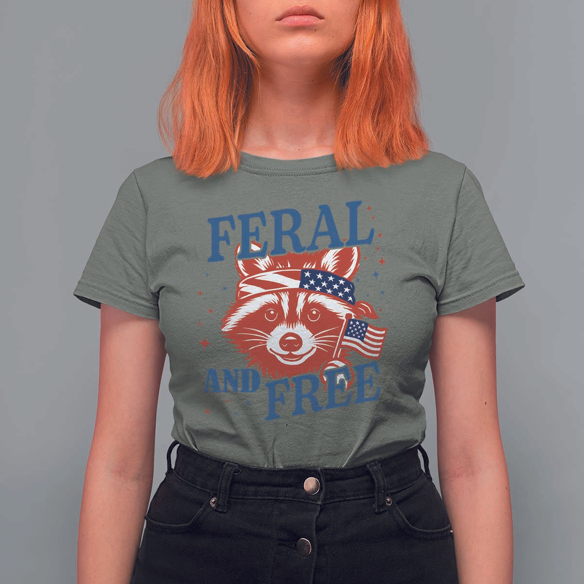 Funny Feral and Free Raccoon T Shirt For Women Patriotic Bandana Animal 4th of July US Flag - Wonder Print Shop