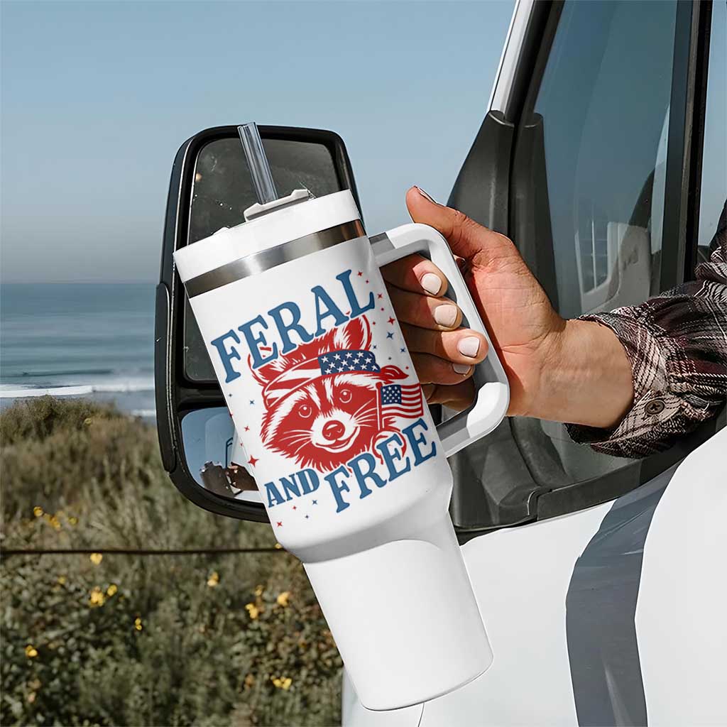 Funny Feral and Free Raccoon Tumbler With Handle Patriotic Bandana Animal 4th of July US Flag - Wonder Print Shop
