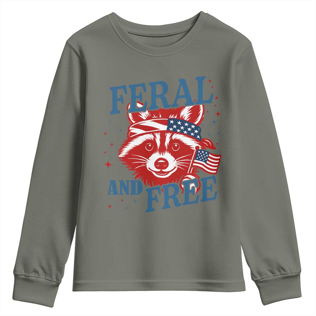 Funny Feral and Free Raccoon Youth Sweatshirt Patriotic Bandana Animal 4th of July US Flag - Wonder Print Shop