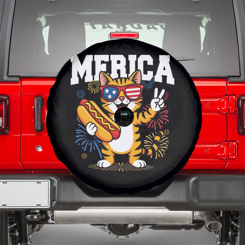 Merica Cat Spare Tire Cover Funny 4th of July Hot Dog and Fireworks Patriotic USA Flag - Wonder Print Shop