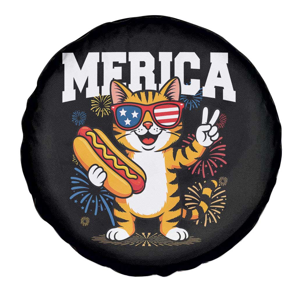Merica Cat Spare Tire Cover Funny 4th of July Hot Dog and Fireworks Patriotic USA Flag - Wonder Print Shop