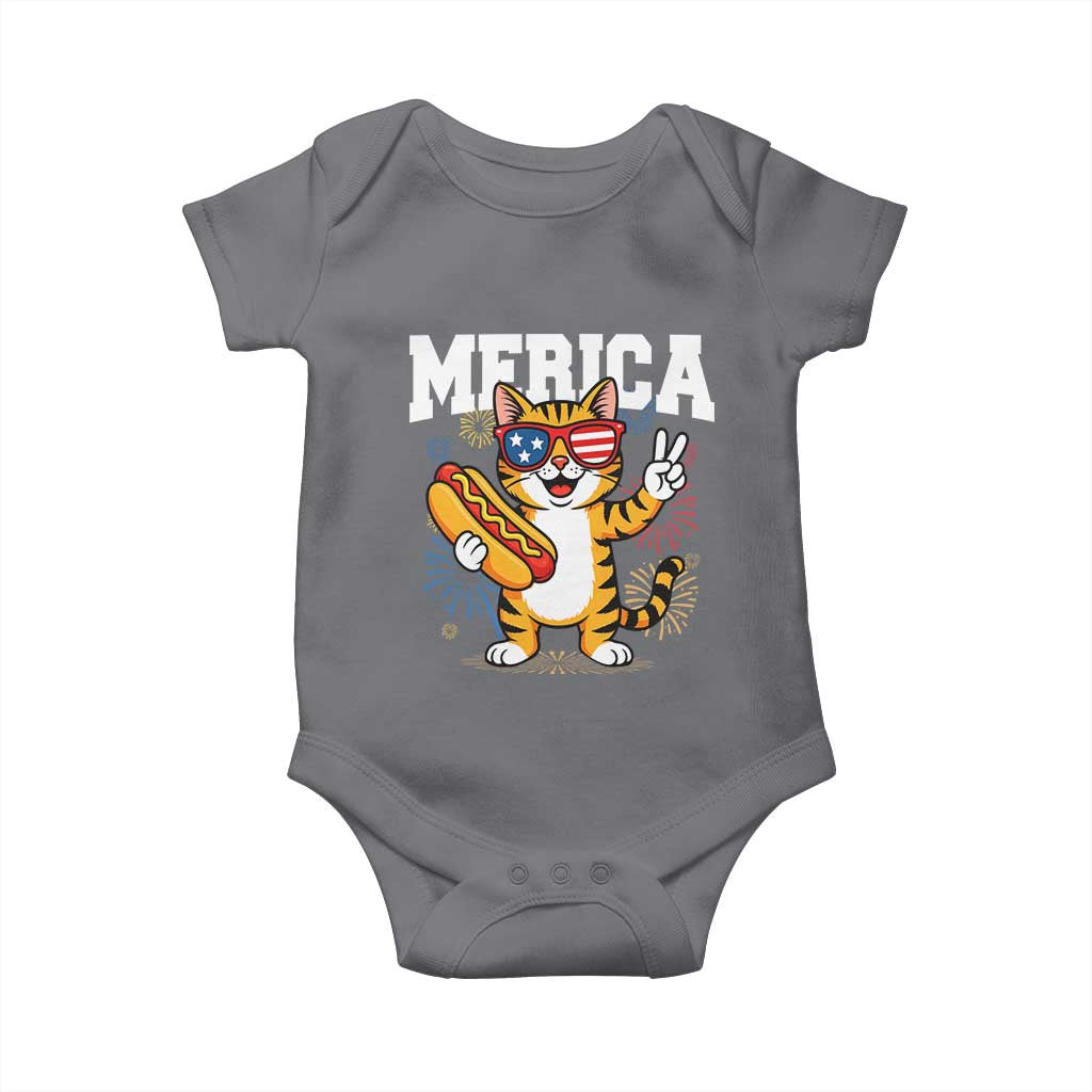 Merica Cat Baby Onesie Funny 4th of July Hot Dog and Fireworks Patriotic USA Flag - Wonder Print Shop