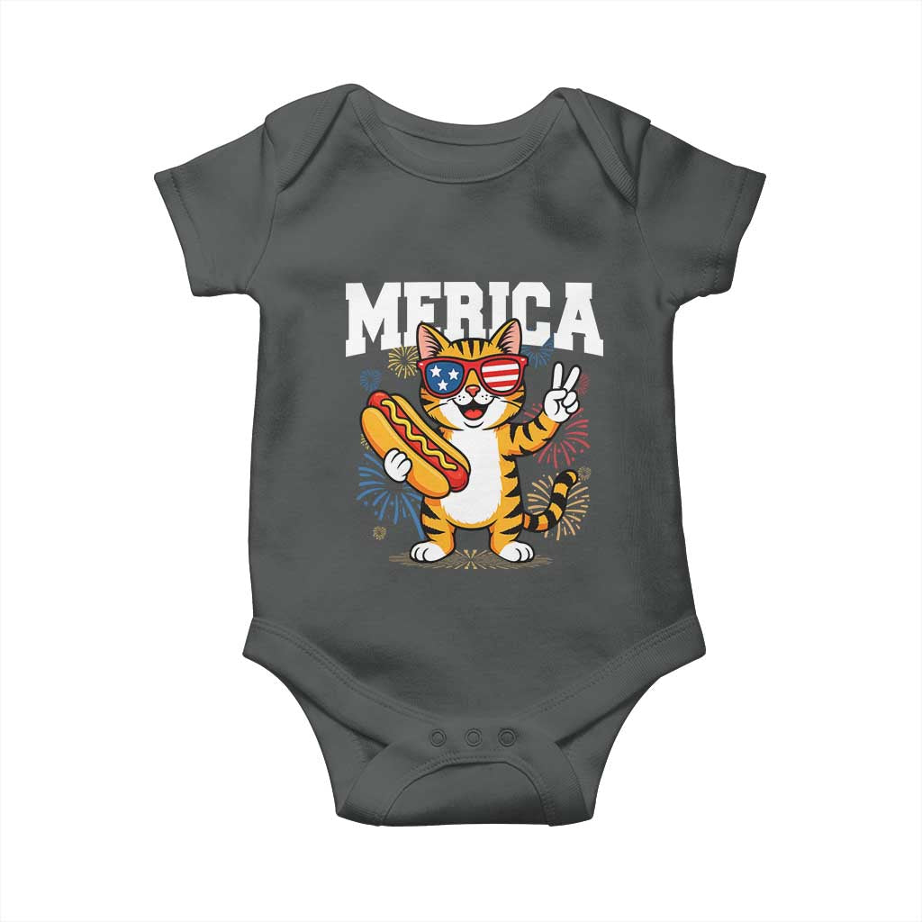 Merica Cat Baby Onesie Funny 4th of July Hot Dog and Fireworks Patriotic USA Flag - Wonder Print Shop