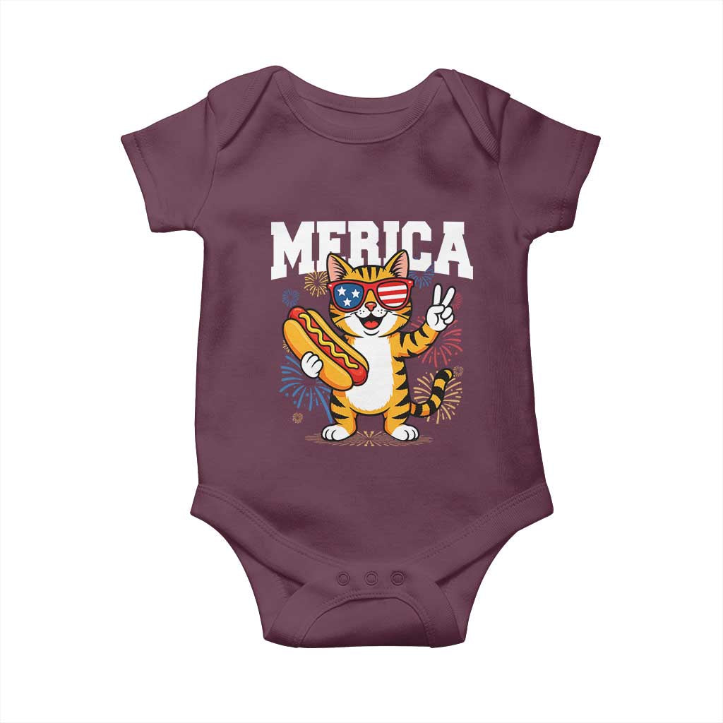 Merica Cat Baby Onesie Funny 4th of July Hot Dog and Fireworks Patriotic USA Flag - Wonder Print Shop