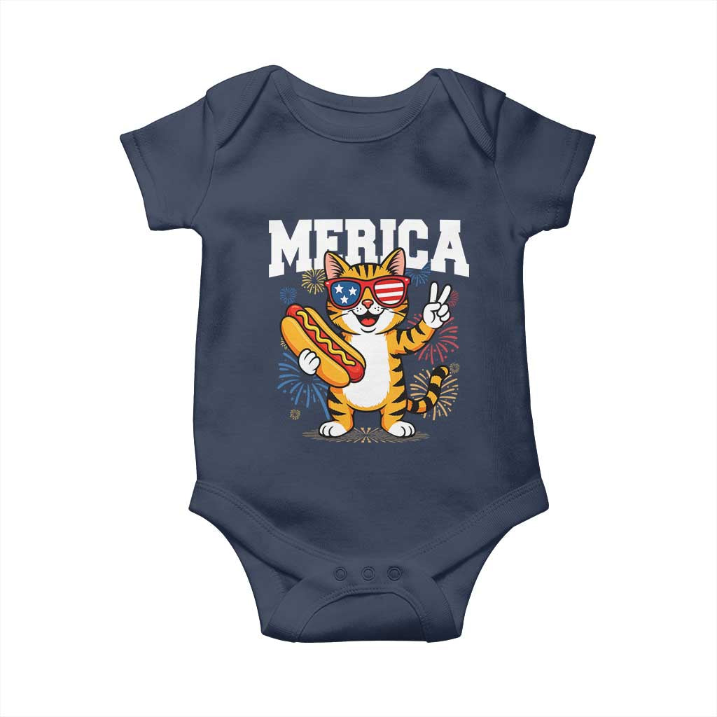 Merica Cat Baby Onesie Funny 4th of July Hot Dog and Fireworks Patriotic USA Flag - Wonder Print Shop
