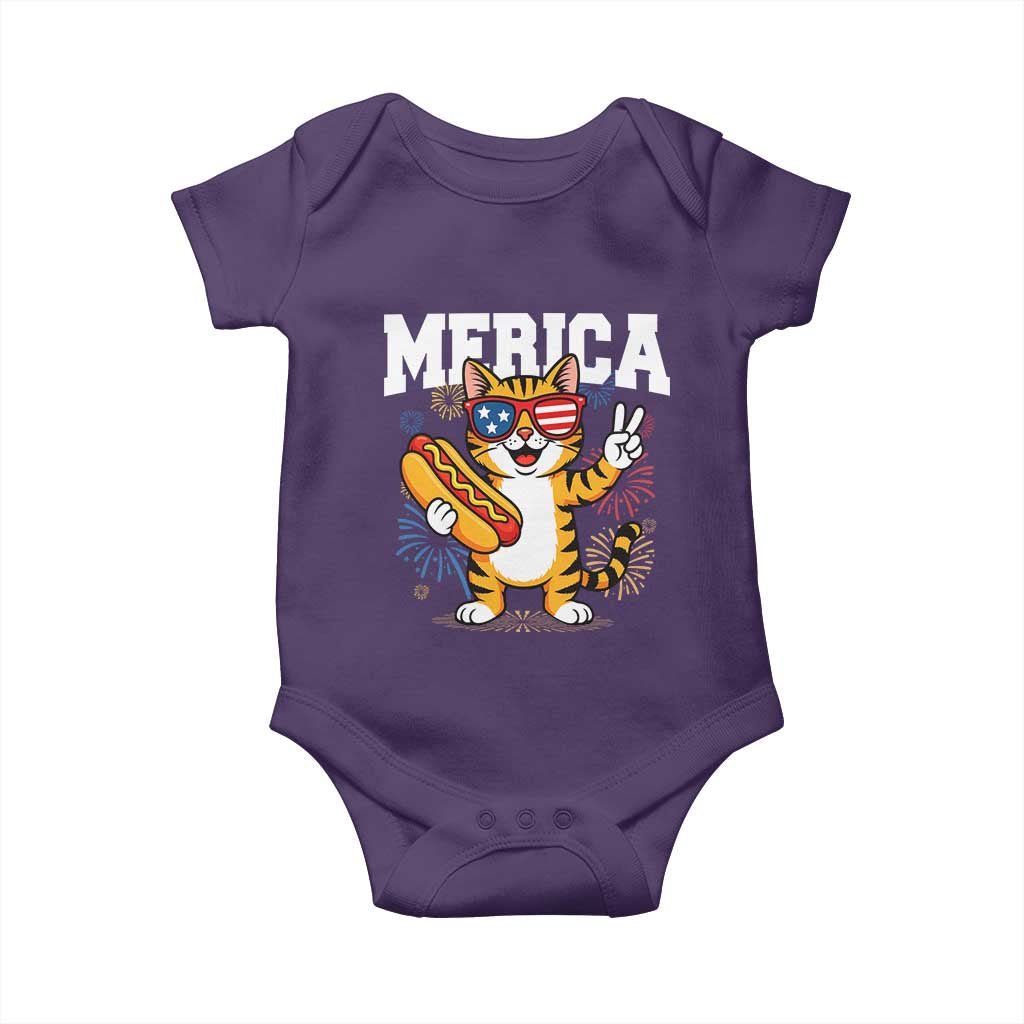 Merica Cat Baby Onesie Funny 4th of July Hot Dog and Fireworks Patriotic USA Flag - Wonder Print Shop