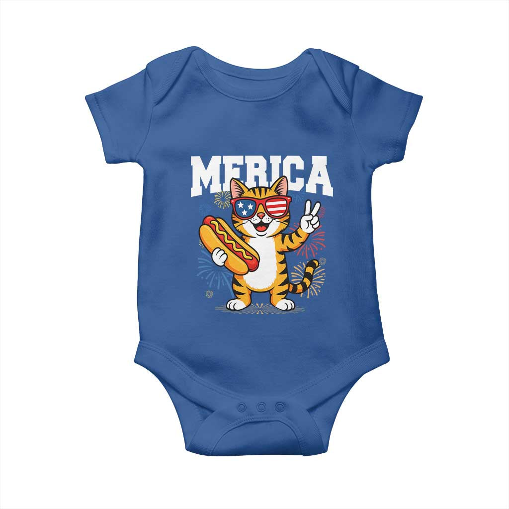 Merica Cat Baby Onesie Funny 4th of July Hot Dog and Fireworks Patriotic USA Flag - Wonder Print Shop