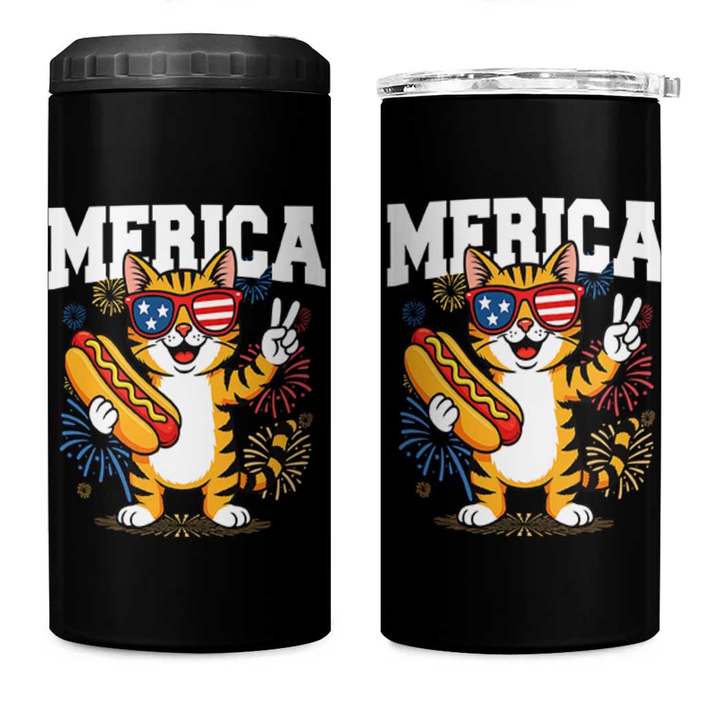 Merica Cat 4 in 1 Can Cooler Tumbler Funny 4th of July Hot Dog and Fireworks Patriotic USA Flag - Wonder Print Shop