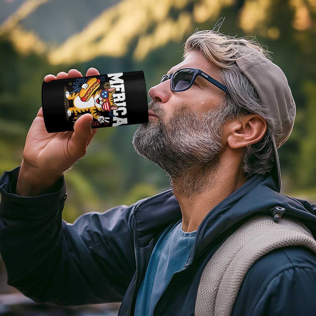 Merica Cat 4 in 1 Can Cooler Tumbler Funny 4th of July Hot Dog and Fireworks Patriotic USA Flag - Wonder Print Shop