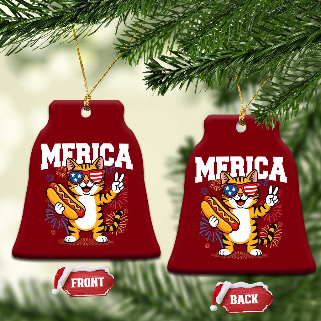 Merica Cat Ceramic Ornament Funny 4th of July Hot Dog and Fireworks Patriotic USA Flag - Wonder Print Shop