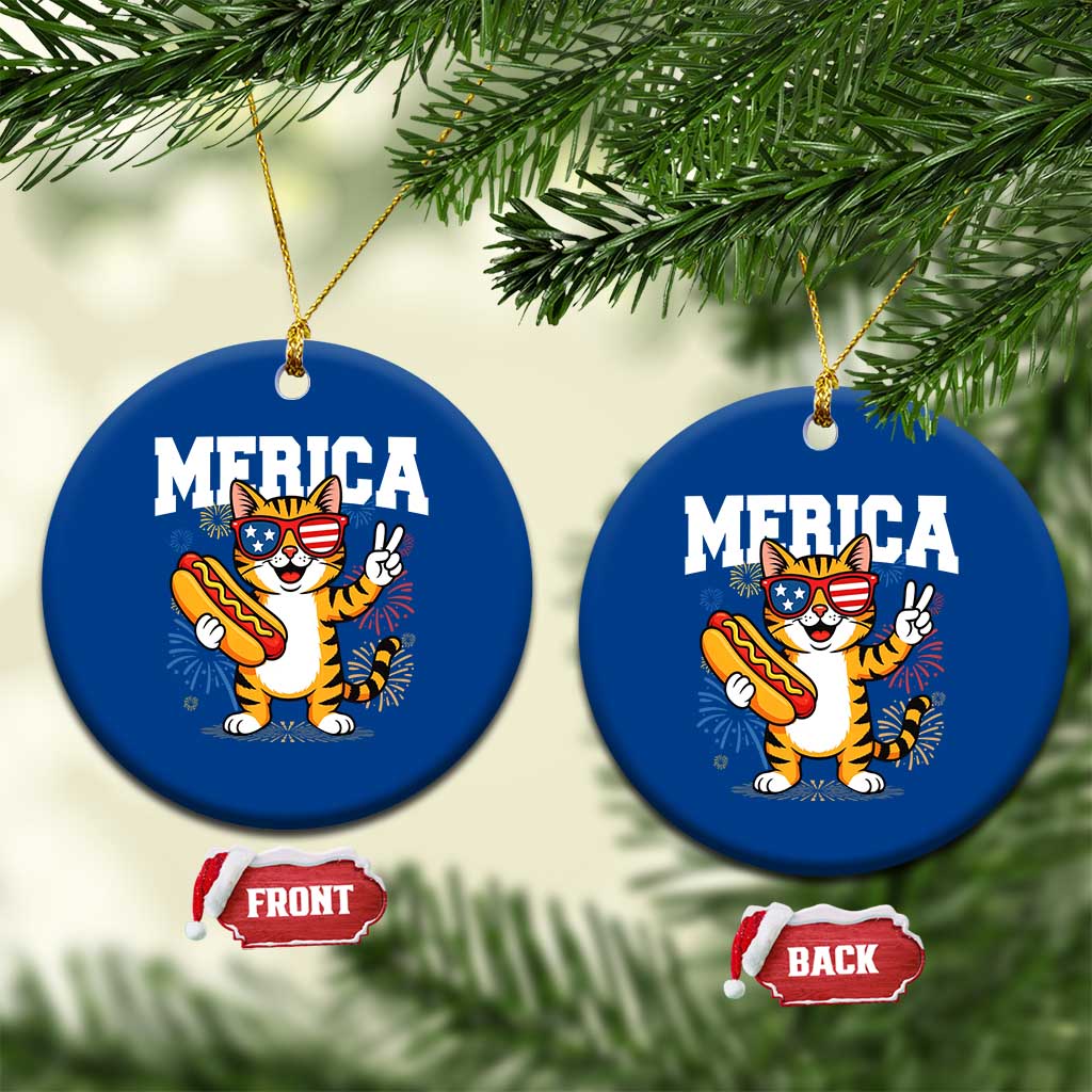 Merica Cat Ceramic Ornament Funny 4th of July Hot Dog and Fireworks Patriotic USA Flag - Wonder Print Shop