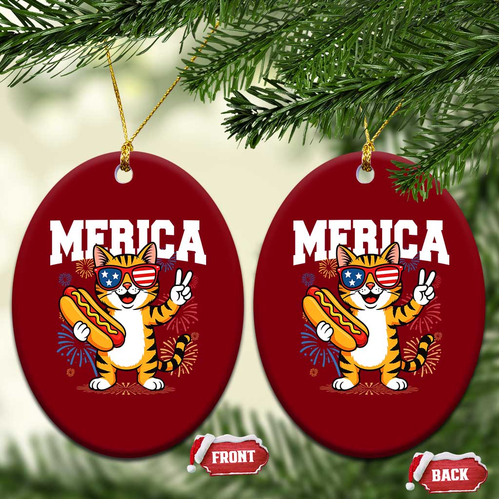 Merica Cat Ceramic Ornament Funny 4th of July Hot Dog and Fireworks Patriotic USA Flag - Wonder Print Shop