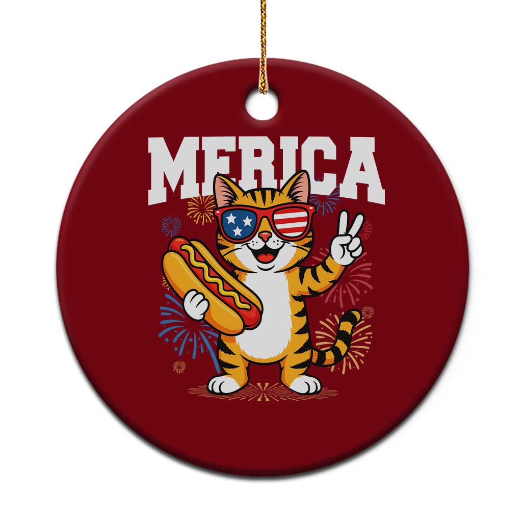 Merica Cat Ceramic Ornament Funny 4th of July Hot Dog and Fireworks Patriotic USA Flag - Wonder Print Shop