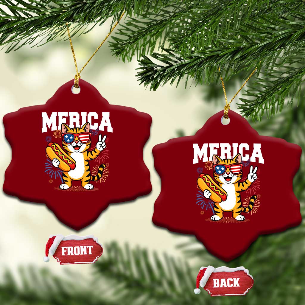 Merica Cat Ceramic Ornament Funny 4th of July Hot Dog and Fireworks Patriotic USA Flag - Wonder Print Shop