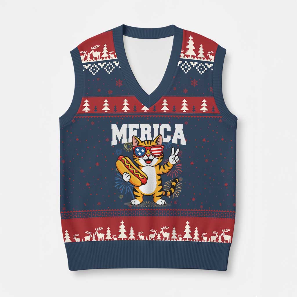 Merica Cat V-Neck Knit Sweater Vest Funny 4th of July Hot Dog and Fireworks Patriotic USA Flag - Wonder Print Shop