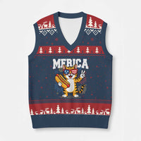 Merica Cat V-Neck Knit Sweater Vest Funny 4th of July Hot Dog and Fireworks Patriotic USA Flag - Wonder Print Shop