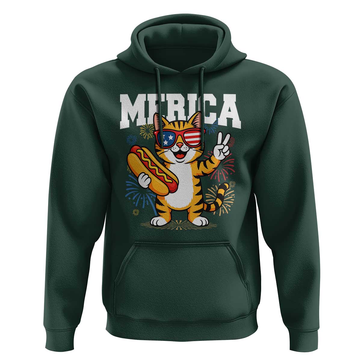 Merica Cat Hoodie Funny 4th of July Hot Dog and Fireworks Patriotic USA Flag - Wonder Print Shop