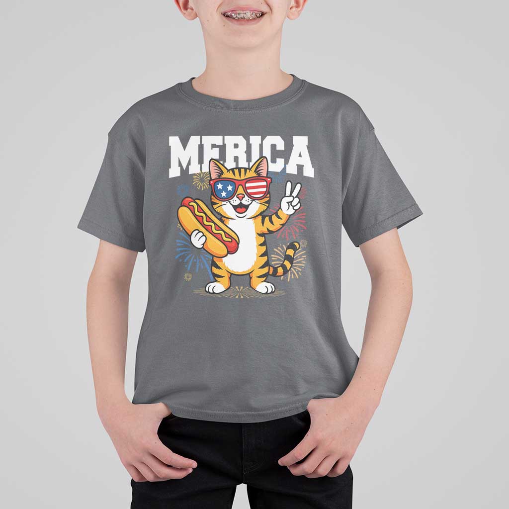 Merica Cat T Shirt For Kid Funny 4th of July Hot Dog and Fireworks Patriotic USA Flag - Wonder Print Shop