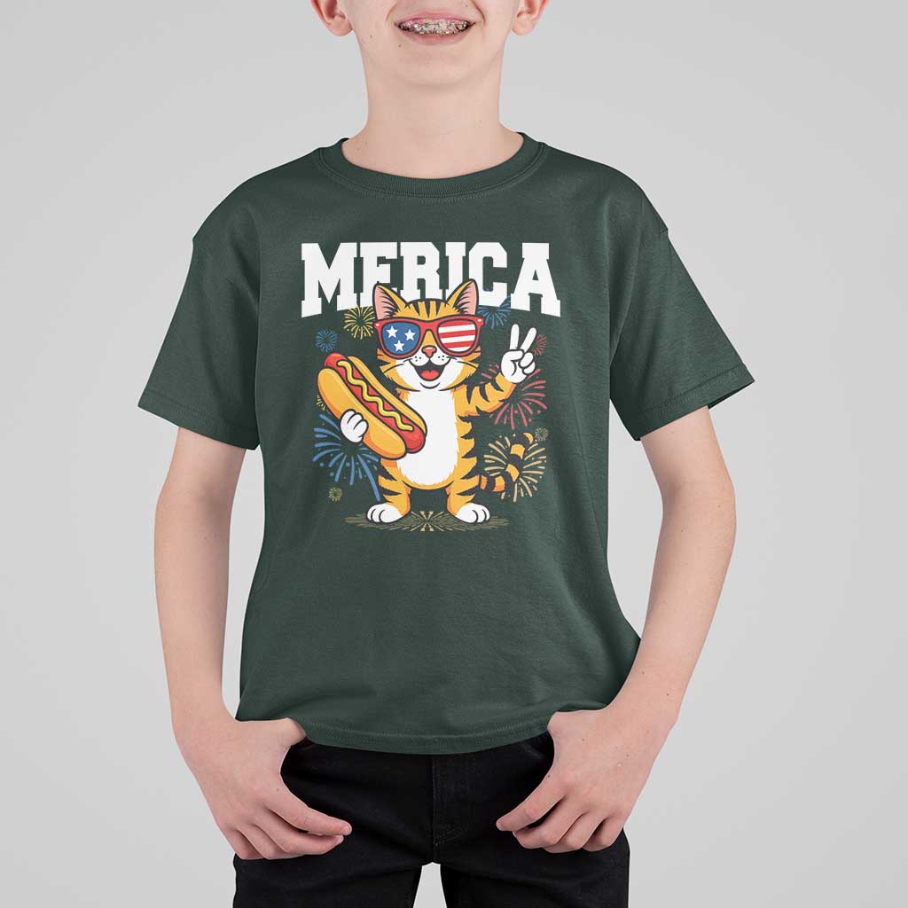 Merica Cat T Shirt For Kid Funny 4th of July Hot Dog and Fireworks Patriotic USA Flag - Wonder Print Shop