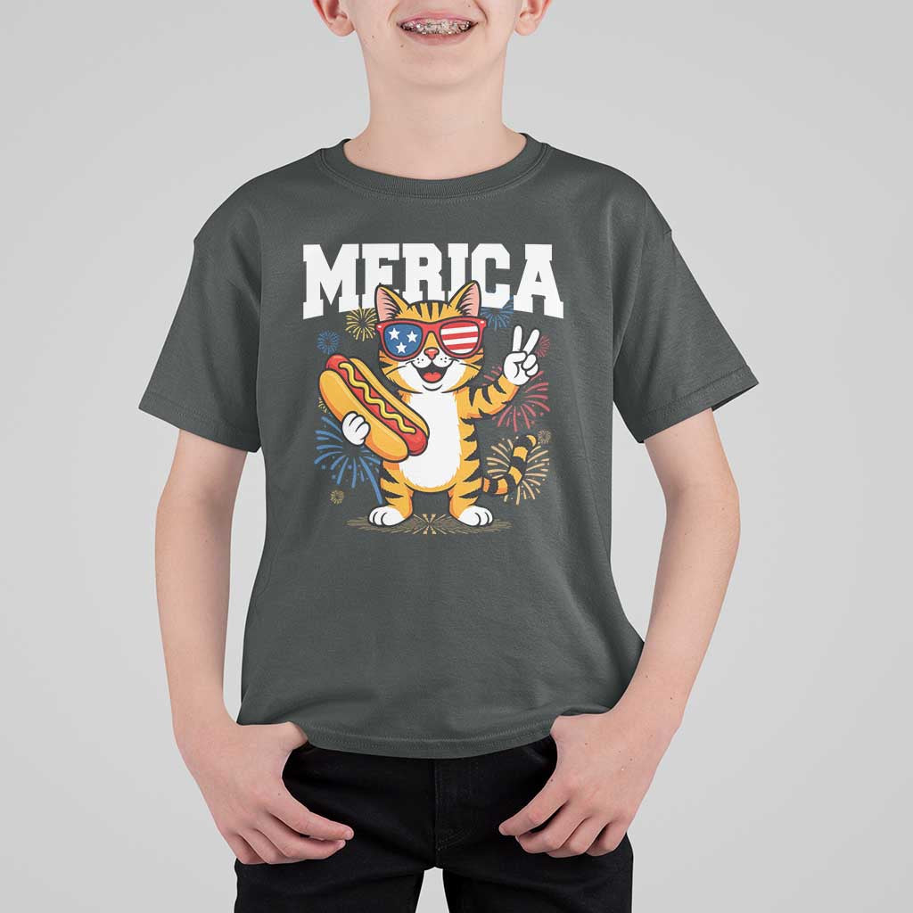 Merica Cat T Shirt For Kid Funny 4th of July Hot Dog and Fireworks Patriotic USA Flag - Wonder Print Shop