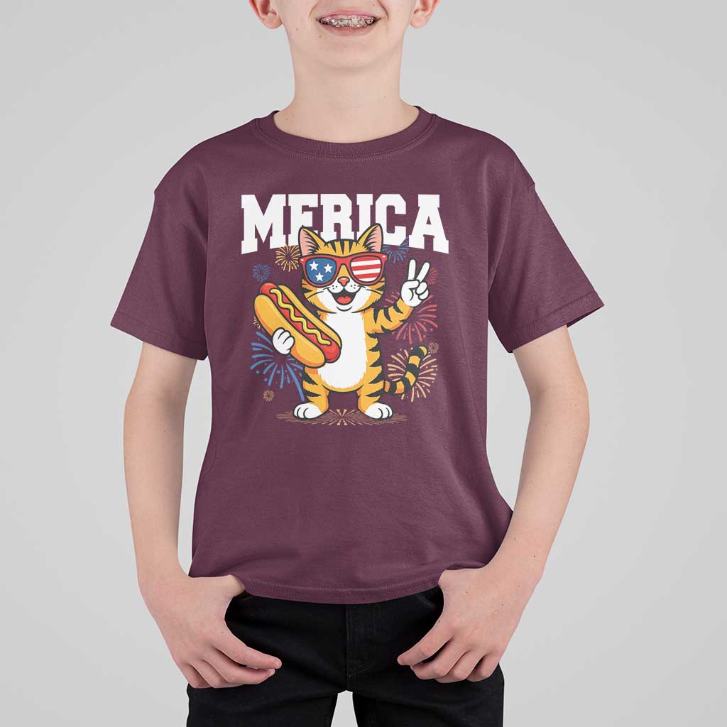 Merica Cat T Shirt For Kid Funny 4th of July Hot Dog and Fireworks Patriotic USA Flag - Wonder Print Shop