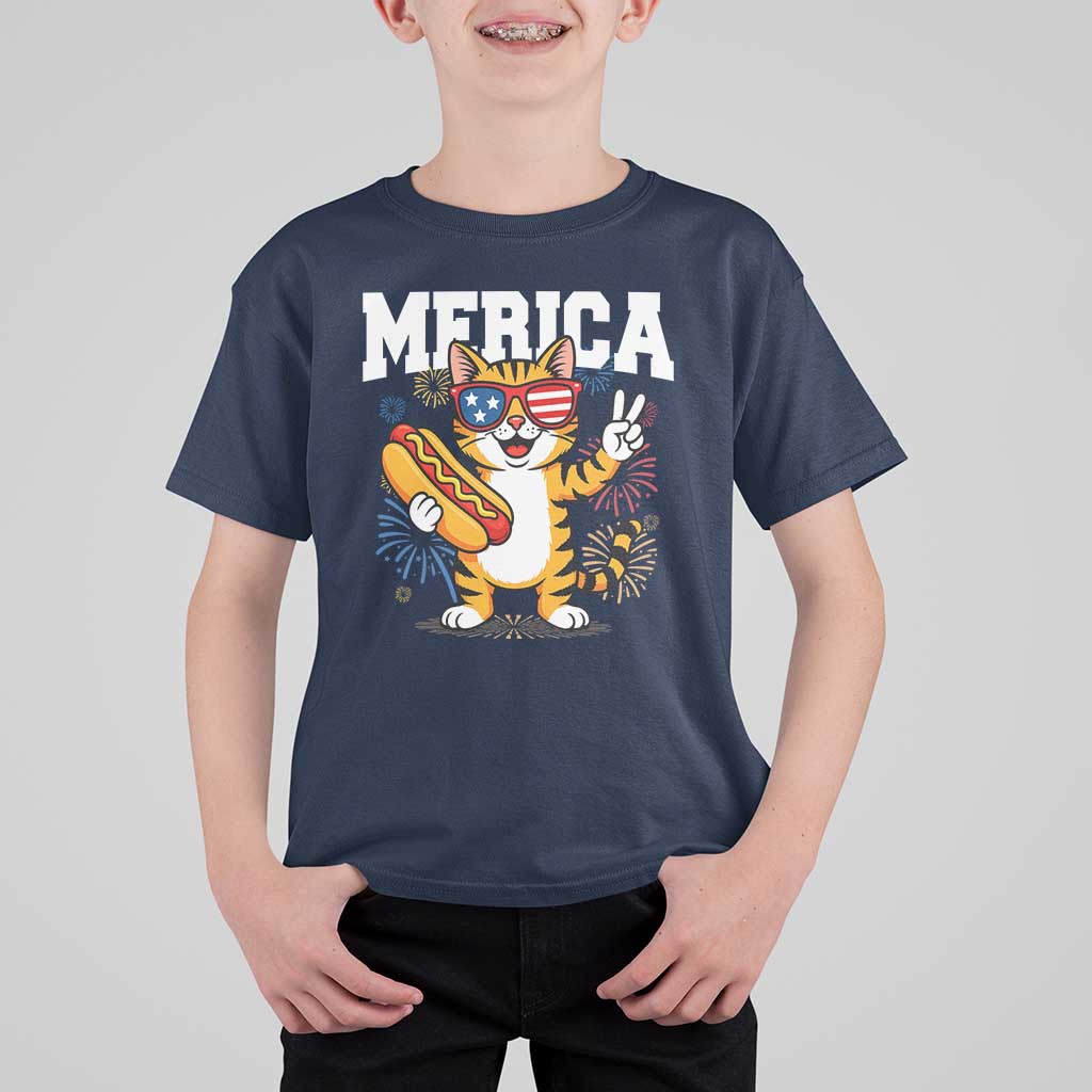 Merica Cat T Shirt For Kid Funny 4th of July Hot Dog and Fireworks Patriotic USA Flag - Wonder Print Shop