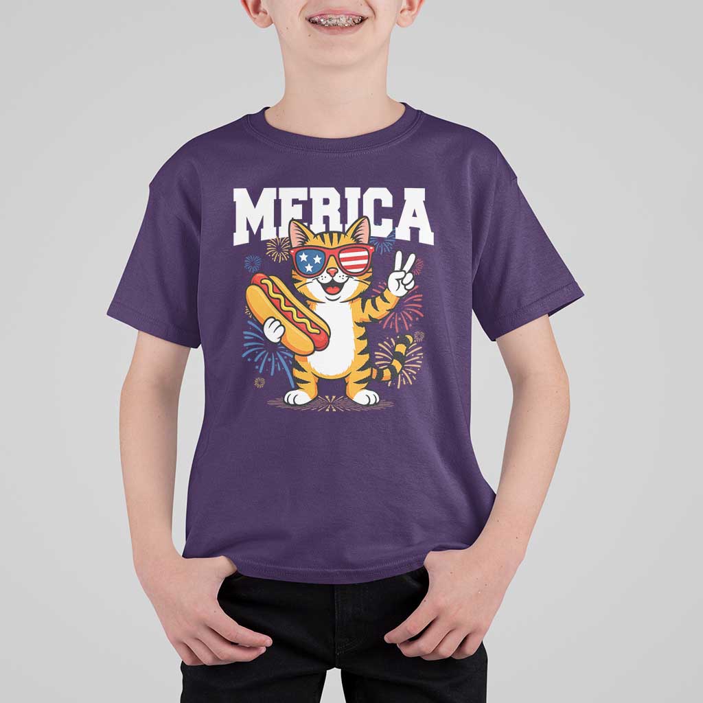 Merica Cat T Shirt For Kid Funny 4th of July Hot Dog and Fireworks Patriotic USA Flag - Wonder Print Shop