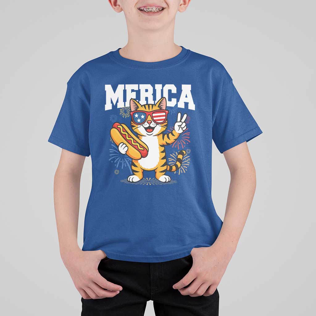 Merica Cat T Shirt For Kid Funny 4th of July Hot Dog and Fireworks Patriotic USA Flag - Wonder Print Shop