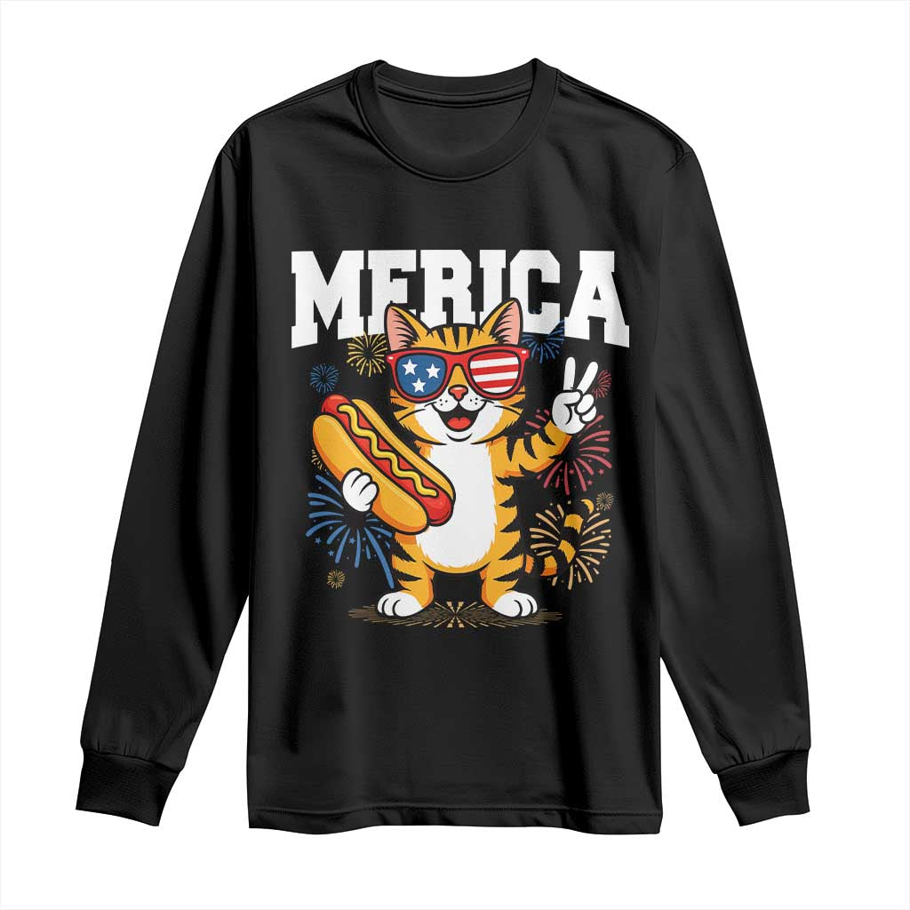 Merica Cat Long Sleeve Shirt Funny 4th of July Hot Dog and Fireworks Patriotic USA Flag - Wonder Print Shop