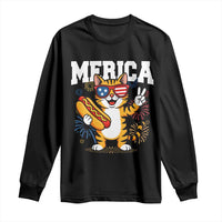 Merica Cat Long Sleeve Shirt Funny 4th of July Hot Dog and Fireworks Patriotic USA Flag - Wonder Print Shop